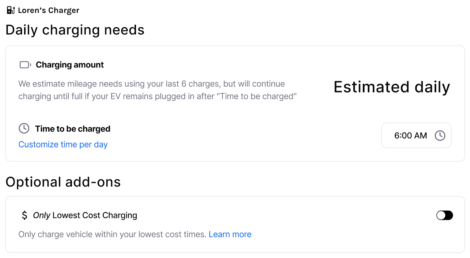 Screenshot of Charge Preferences from WeaveGrid Dashboard