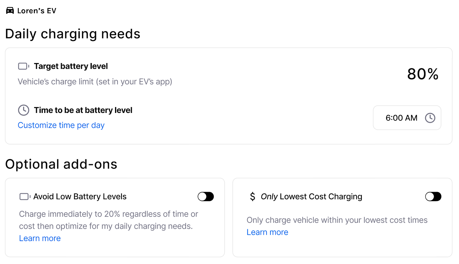 Screenshot of Charge Preferences from WeaveGrid Dashboard